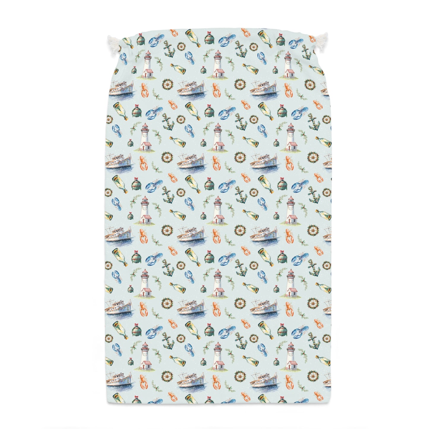 Christmas Gift Sack, Coastal Nautical Design with Lobster, Lighthouses, Fishing Boats, Anchors, Holiday Decor Bag, Beach Themed Present