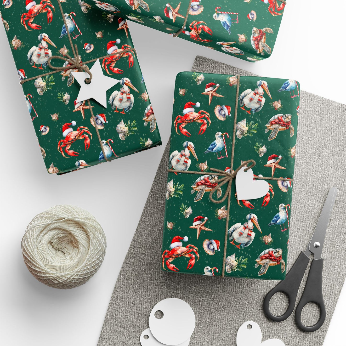 Whimsical Coastal Christmas Wrapping Paper - Holiday Sea Birds & Shellfish Nautical Holiday Gift Wrap