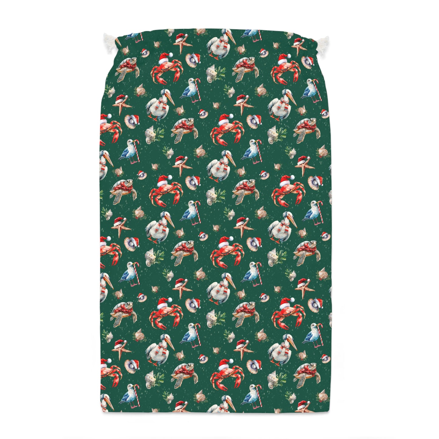 Large Coastal Christmas Gift Sack - Reusable Drawstring Bag with Sea Birds and Shellfish Pattern