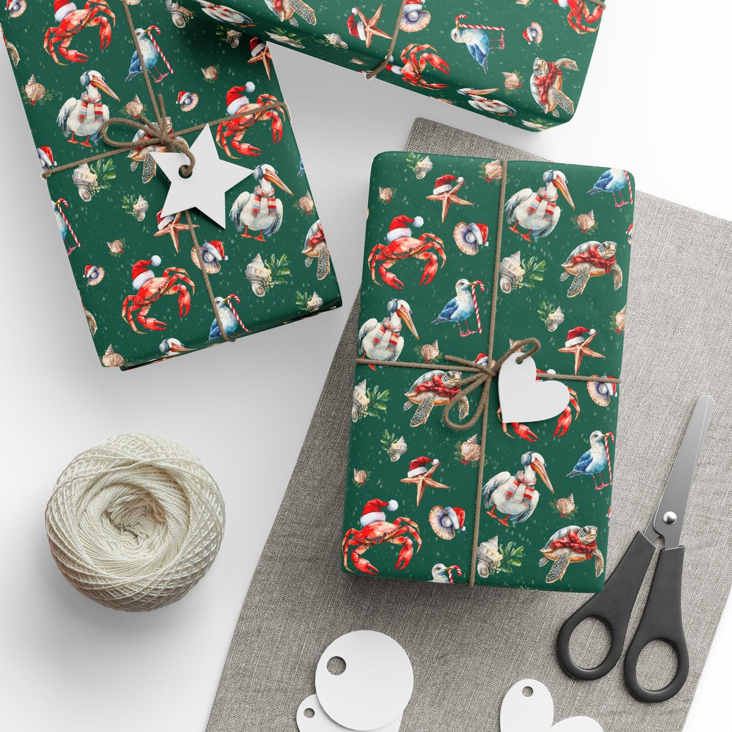 Whimsical Coastal Christmas Wrapping Paper - Holiday Sea Birds & Shellfish Nautical Holiday Gift Wrap
