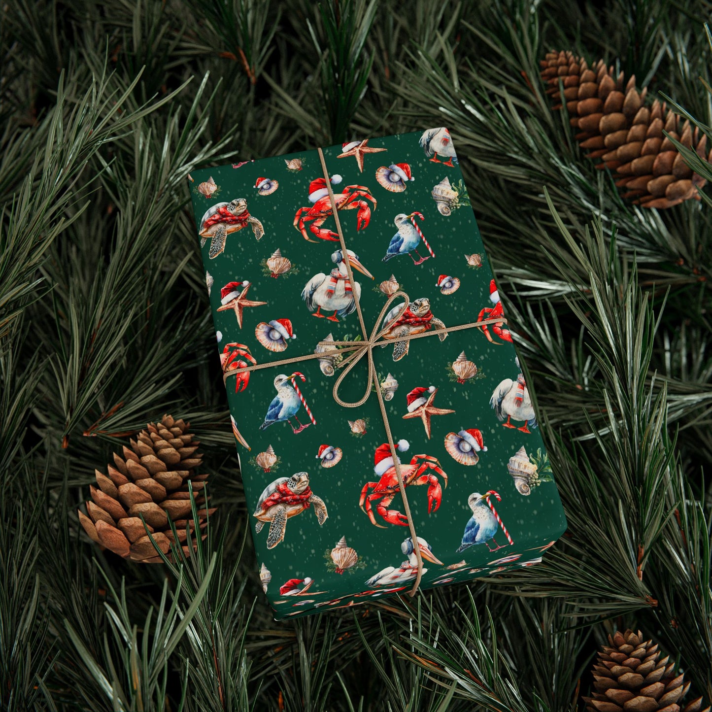 Whimsical Coastal Christmas Wrapping Paper - Holiday Sea Birds & Shellfish Nautical Holiday Gift Wrap