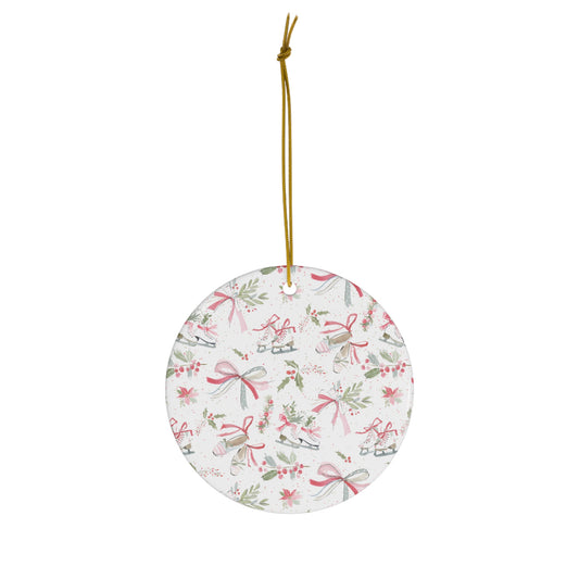 Dainty Christmas Porcelain Ornament, Pink Ballet Slippers Figure Skates Holiday Decor, Watercolor Bows Custom Gift