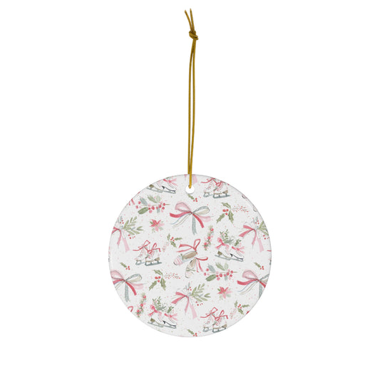 Dainty Christmas Porcelain Ornament, Pink Ballet Slippers Figure Skates Holiday Decor, Watercolor Bows Custom Gift