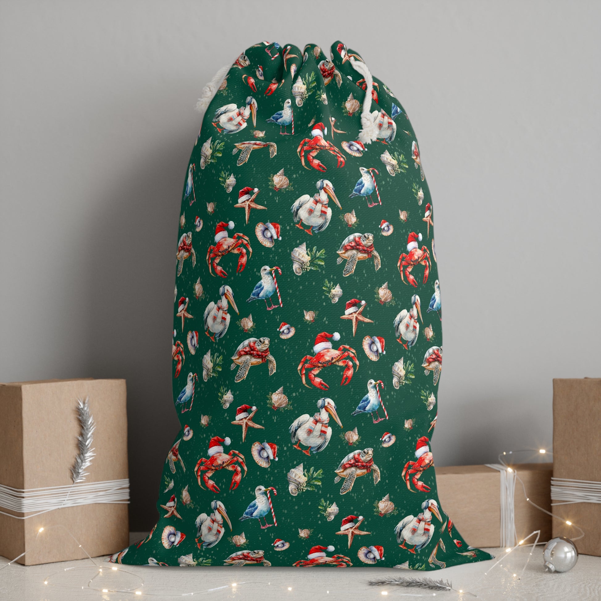 Green drawstring bag with Christmas crab pattern on a gray background