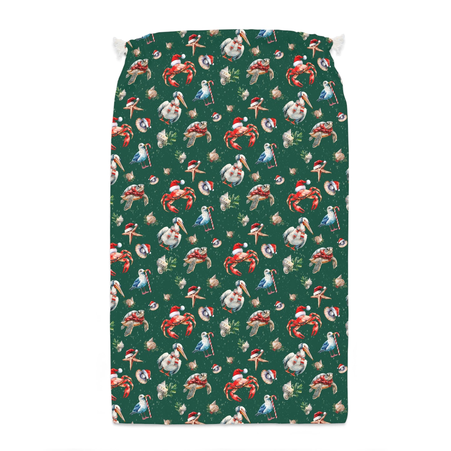 Large Coastal Christmas Gift Sack - Reusable Drawstring Bag with Sea Birds and Shellfish Pattern