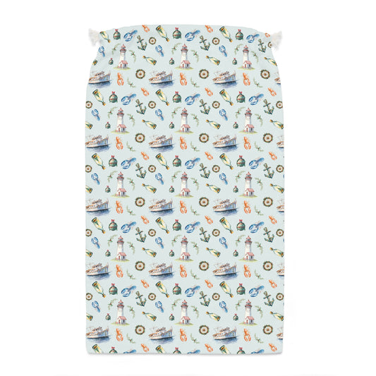 Christmas Gift Sack, Coastal Nautical Design with Lobster, Lighthouses, Fishing Boats, Anchors, Holiday Decor Bag, Beach Themed Present